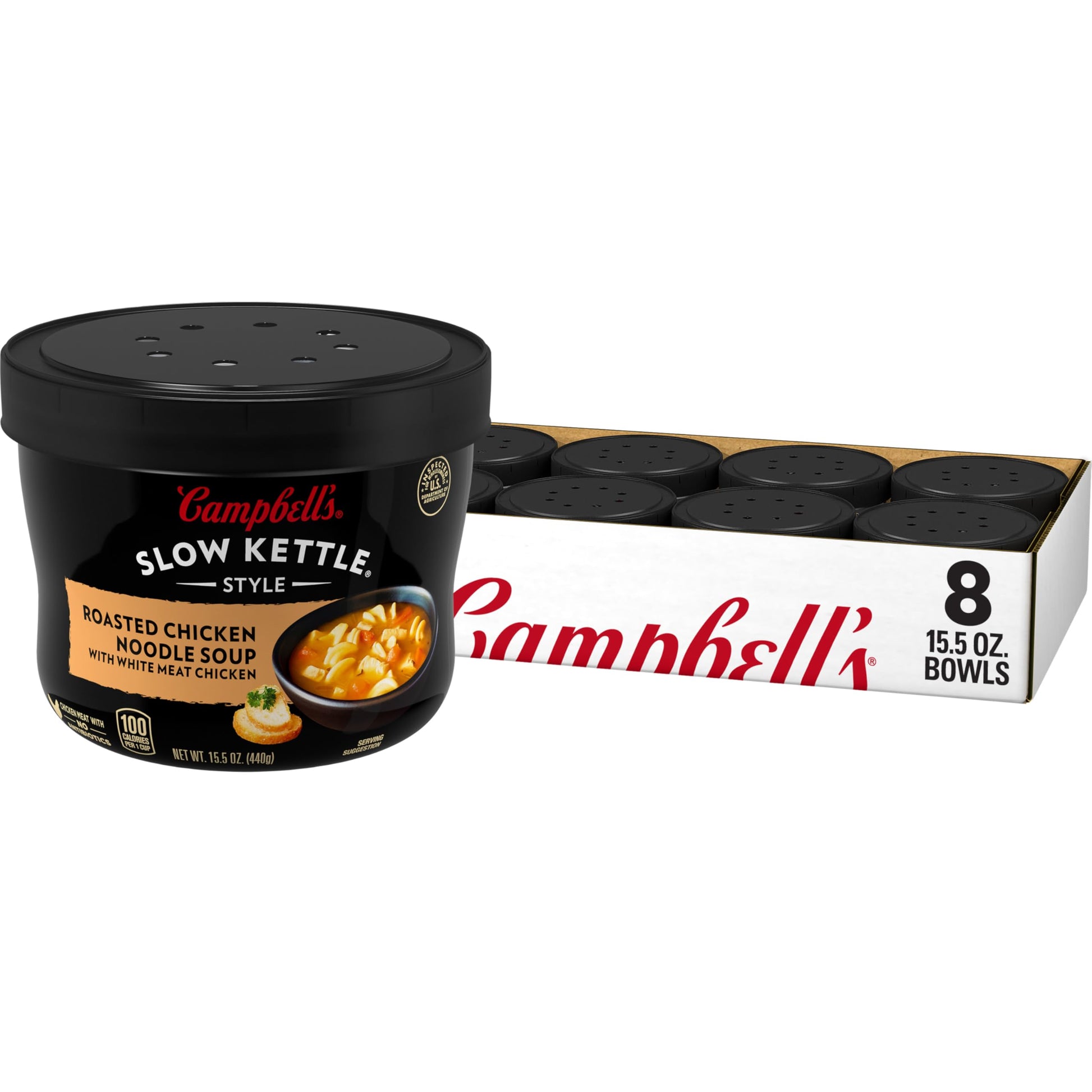 Campbell'S Slow Kettle Style Roasted Chicken Noodle Soup With White Meat Chicken, 15.5 Oz. Tub (Case Of 8)
