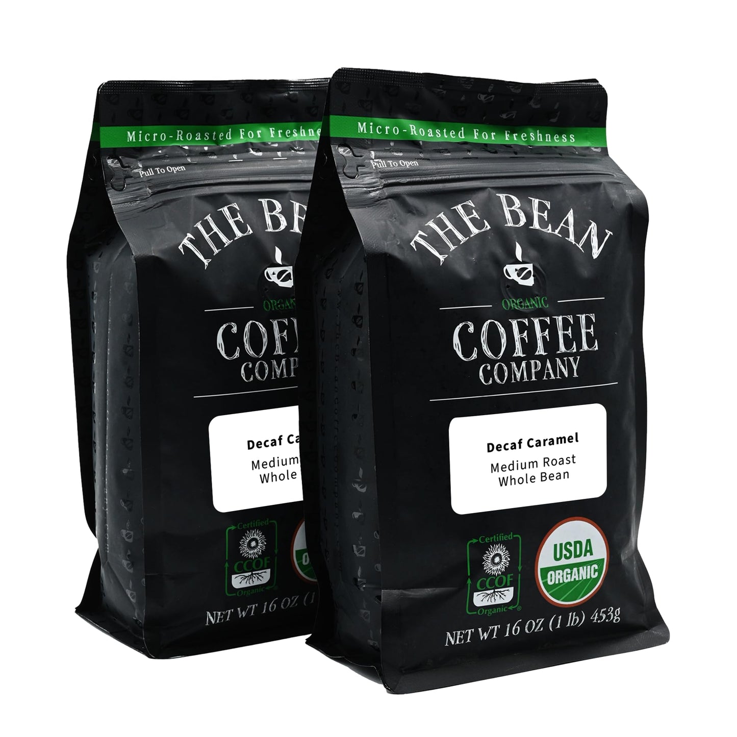 The Bean Organic Coffee Company Water Processed DECAF Caramel, Medium Roast, Whole Bean Coffee, 16-Ounce Bags (Pack of 2)