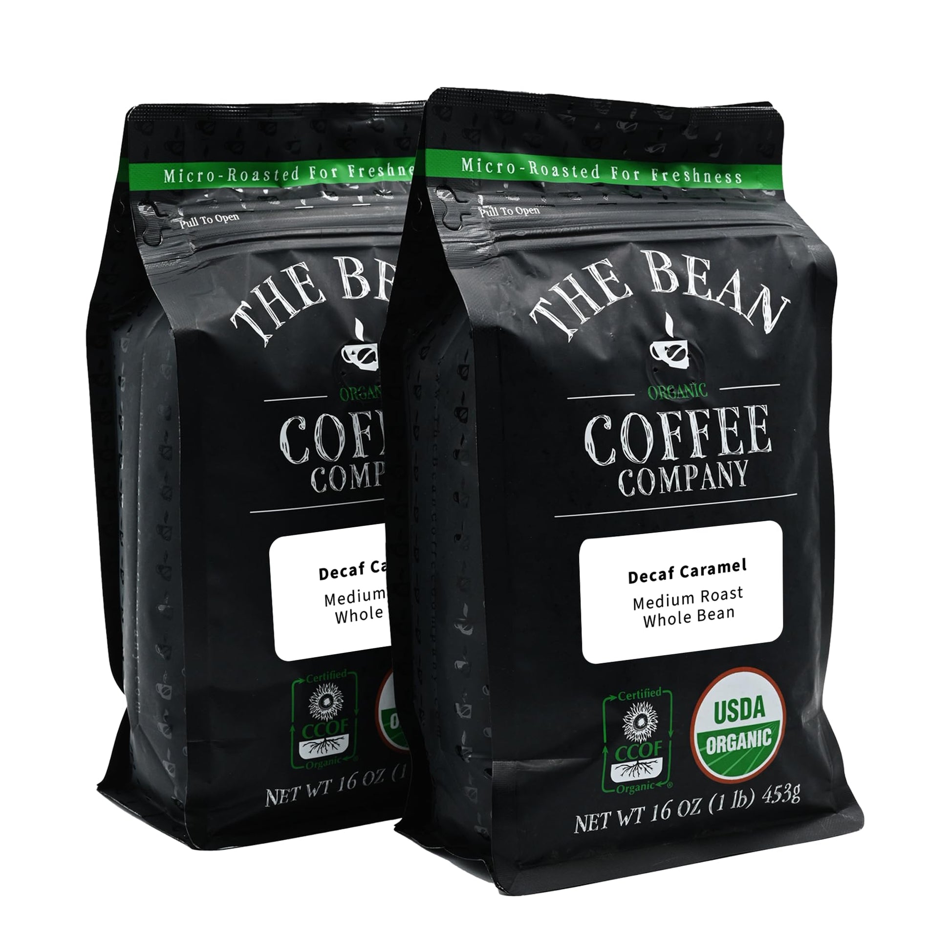 The Bean Organic Coffee Company Water Processed DECAF Caramel, Medium Roast, Whole Bean Coffee, 16-Ounce Bags (Pack of 2)