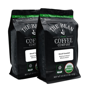 The Bean Organic Coffee Company Water Processed DECAF Caramel, Medium Roast, Whole Bean Coffee, 16-Ounce Bags (Pack of 2)