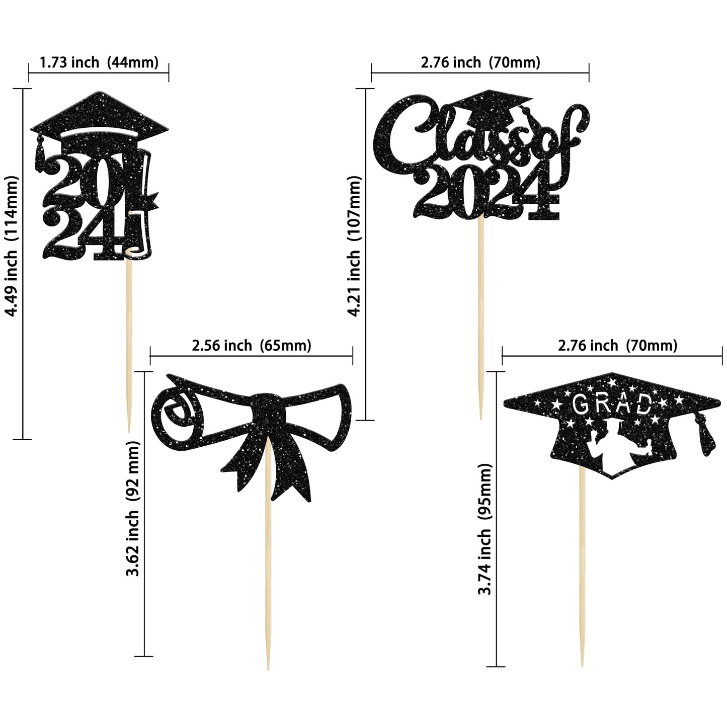 Gyufise 24Pcs Black Glitter 2024 Graduation Theme Cupcake Toppers Glitter Class Of 2024 Diploma Grad Cap Cupcake Picks For 2024