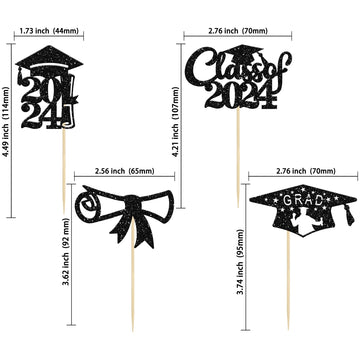 Gyufise 24Pcs Black Glitter 2024 Graduation Theme Cupcake Toppers Glitter Class Of 2024 Diploma Grad Cap Cupcake Picks For 2024