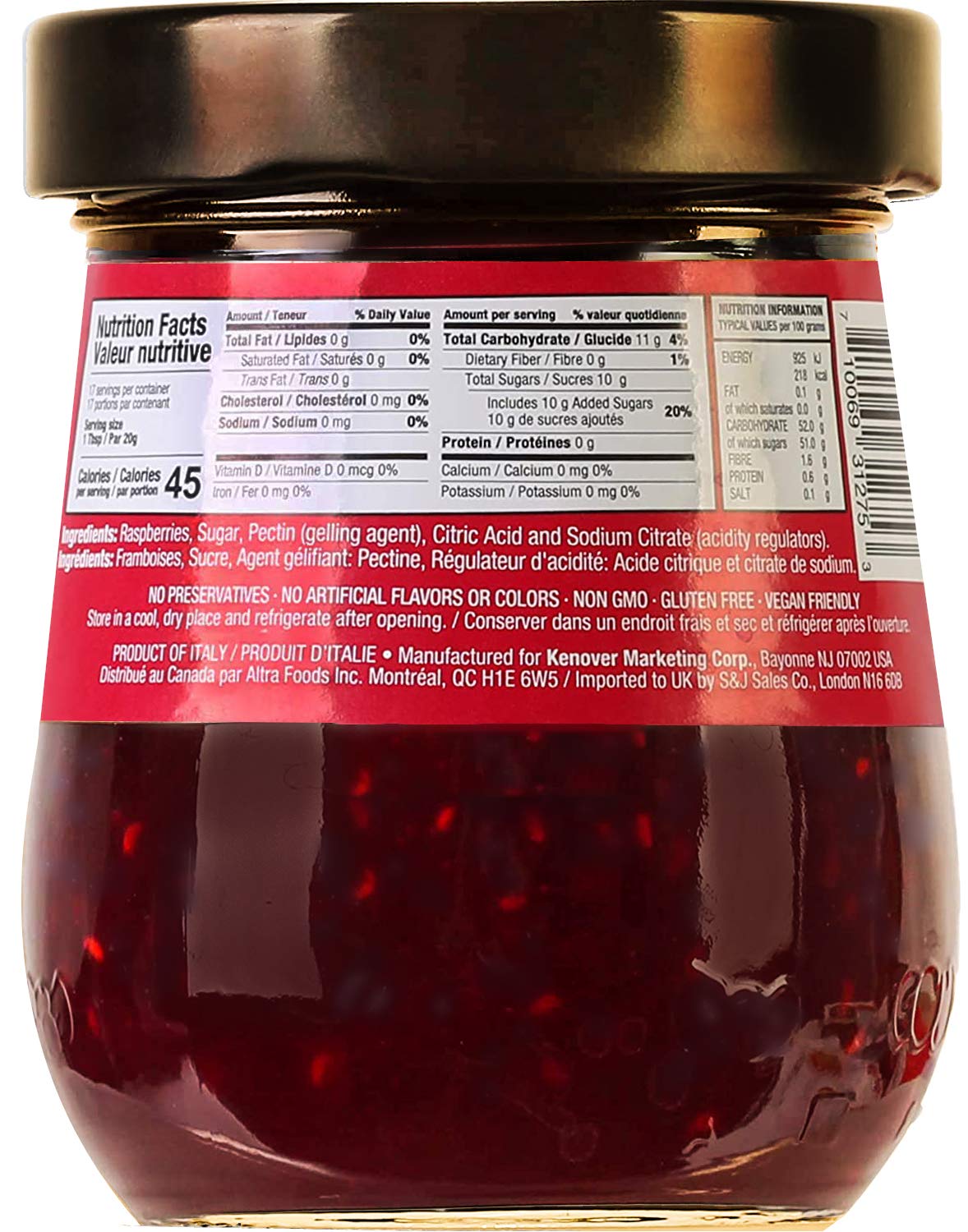 Tuscanini Premium Italian Raspberry Preserves, 11.64 Oz Jar, Spreadable Fruit Jam, No High Fructose Corn Syrup, No Preservatives