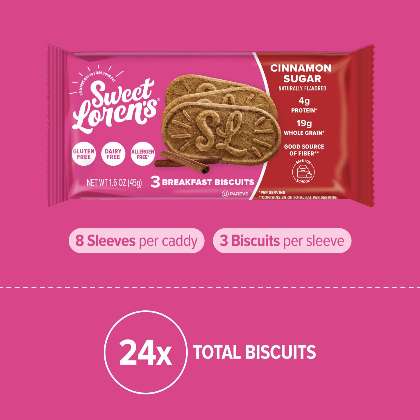 Sweet Lorens Vegan Breakfast Biscuits | Cinnamon Sugar | 4g Protein  19g Whole Grains | Plant Based  Gluten Free  Dairy Free  Nut Free Snacks | Grab & Go 8 Pack (24 Total Biscuits  1.6 ounce each)