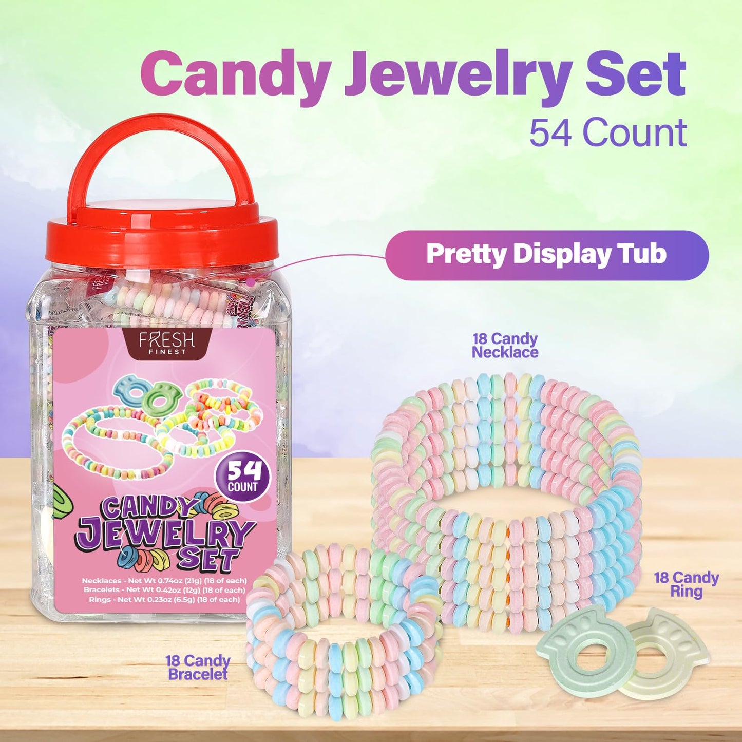 Fresh Finest Candy Mix - 54-Count Bulk Jar with 18 Bracelets, 18 Necklaces, 18 Rings, Clear Packaging