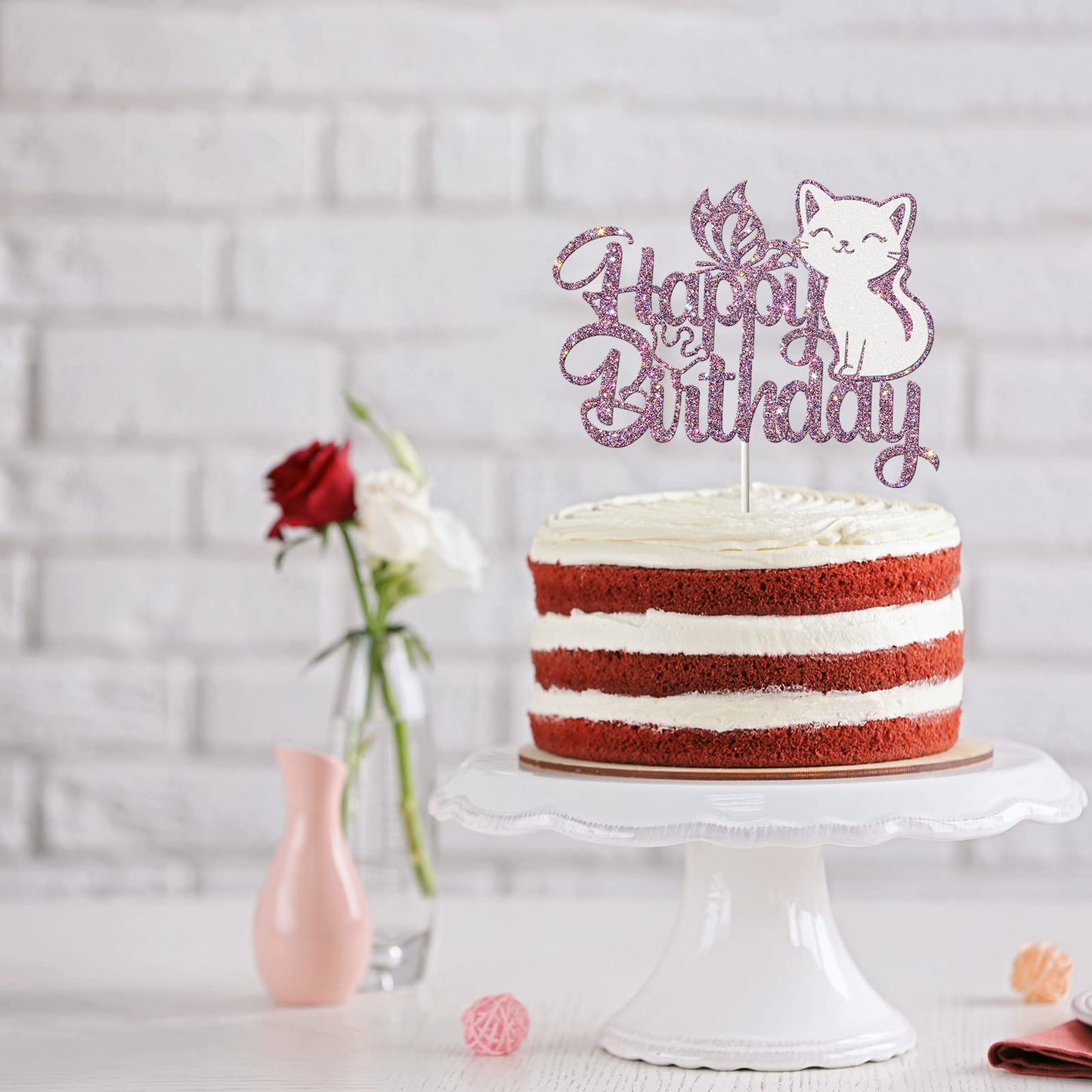 Ambishi Cat Birthday Cake Topper - Purple & White Glitter, Butterfly Design, Model AB-122, Pet Themed Decoration for Parties