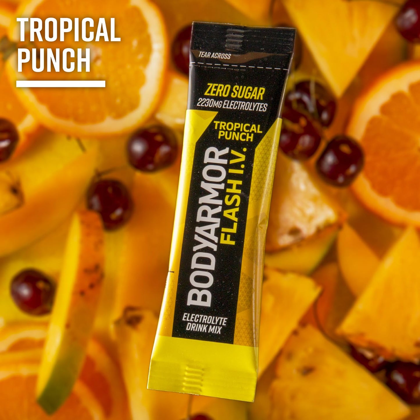 BODYARMOR Electrolyte Packets, Tropical Punch, Zero Sugar Drink Mix, Coconut Water Powder, 6 Servings, Single Serve Packs, Yellow