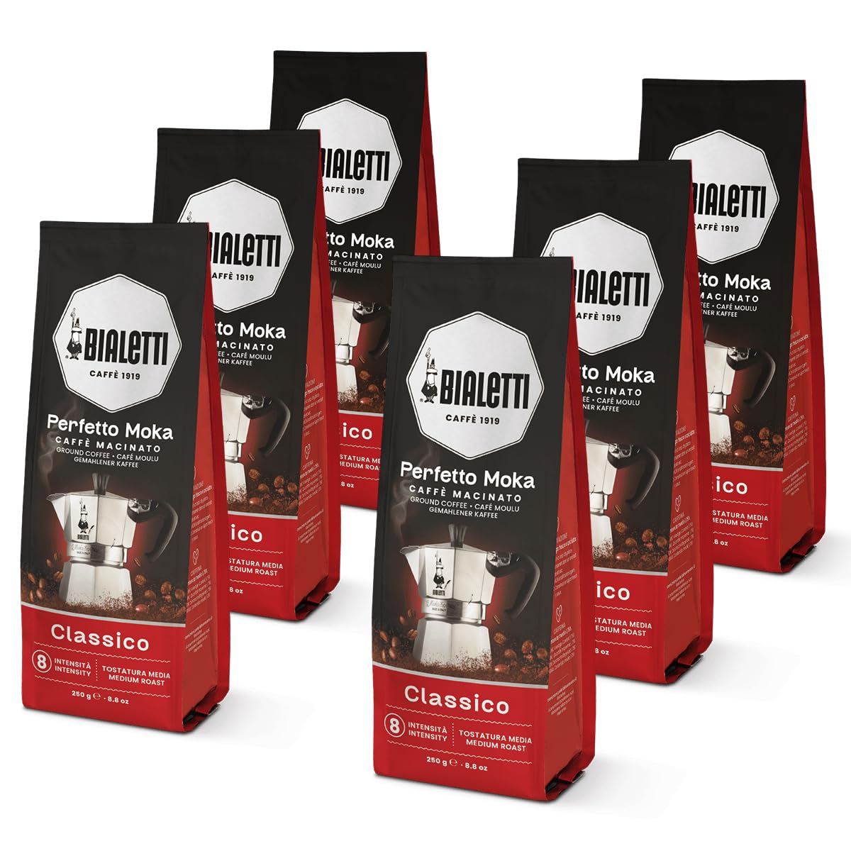 Bialetti - Perfetto Moka Classico: Medium roast ground coffee, hazelnut and dried fruit aroma, 250g x 6, bag with aroma valve