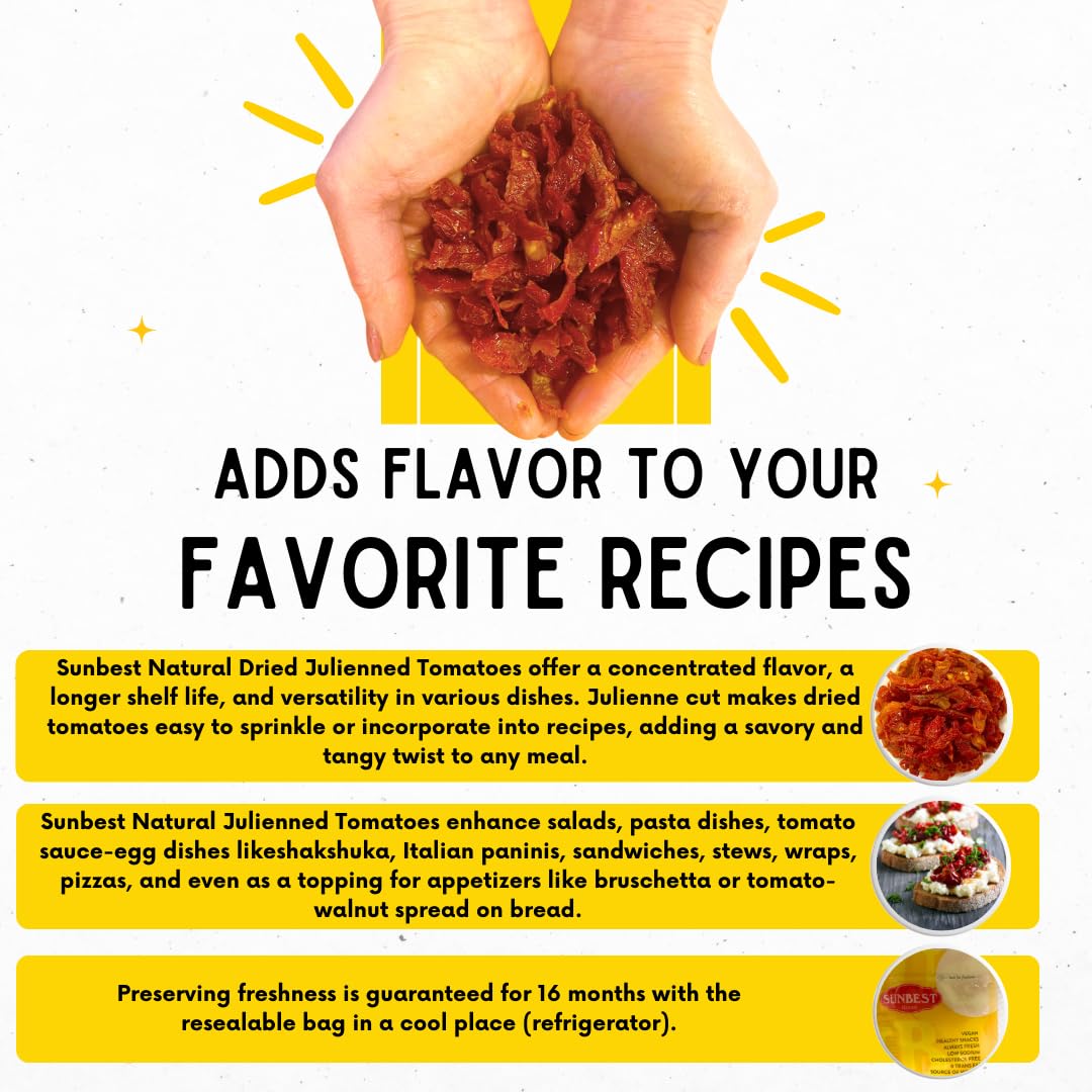 SUNBEST NATURAL Sun-Dried Tomatoes, Julienned, Vegan, Kosher, Non-GMO, 5 lbs, Moist & Ready to Eat, Resealable Bag