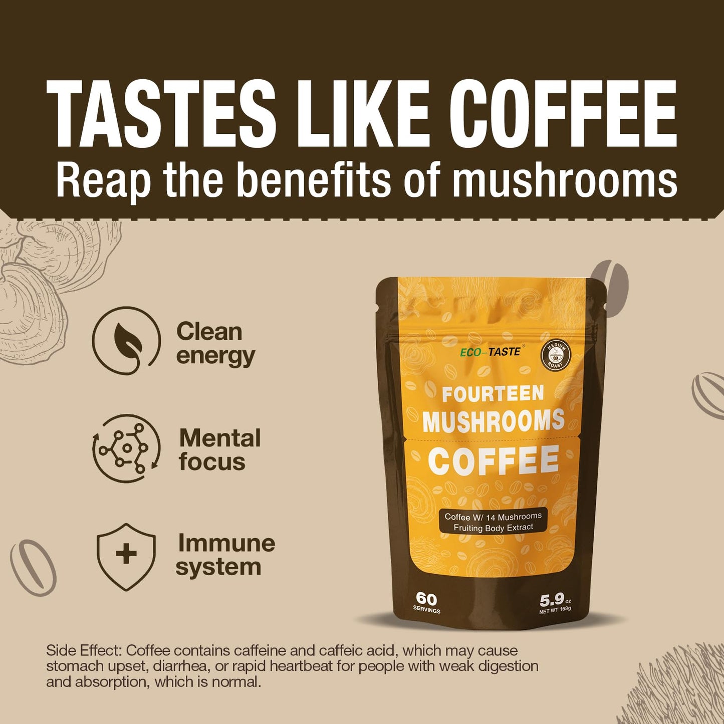 Eco-Taste Mushrooms Coffee 14 In 1-60 Servings, Arabica Coffee With Lion'S Mane, Reishi, Maitake, Turkey Tail, Chaga Fruiting Bo