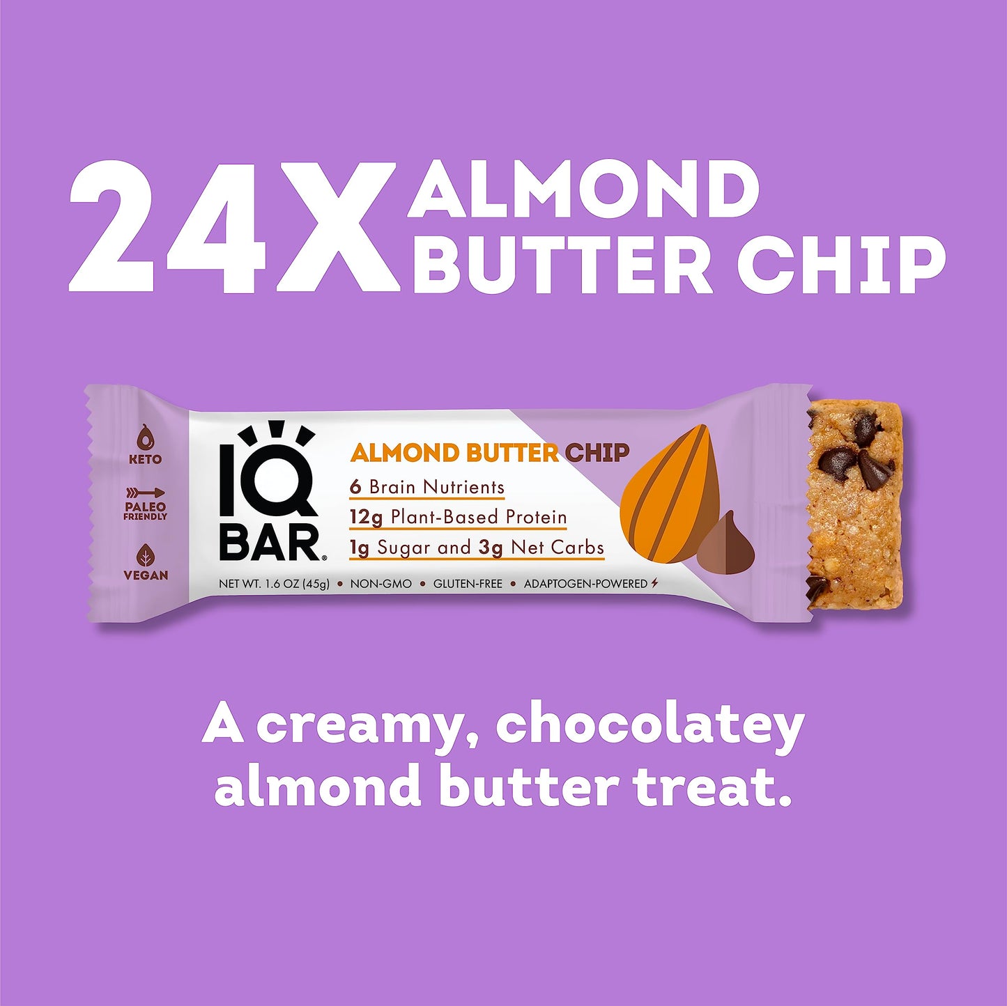 IQBAR Brain and Body Plant Protein Bars - Almond Butter Chip - 24-Count Low Carb - Gluten Free  High Fiber  Vegan Snacks - Low Sugar Meal Replacement