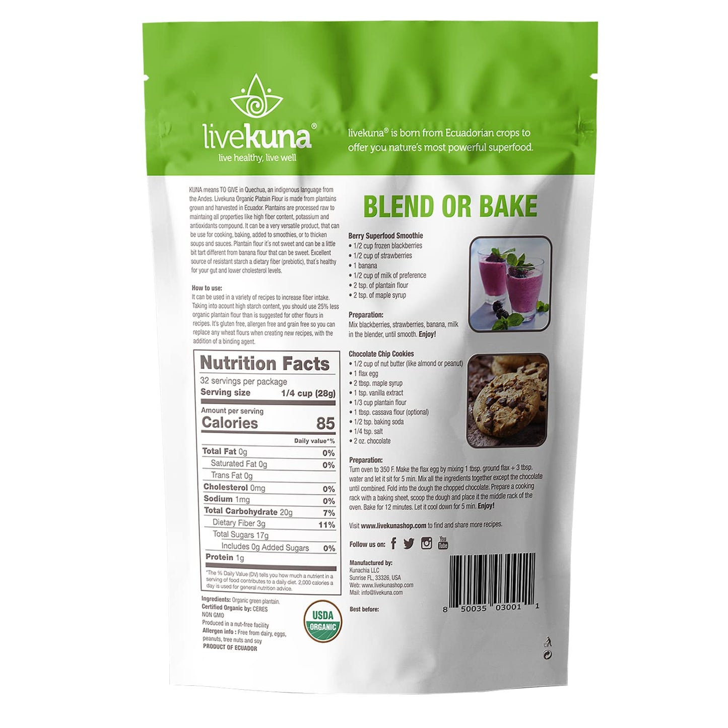 LiveKuna Organic Plantain Flour - Gluten Free All Purpose Flour Alternative For Baking & Cooking Recipes - Grain Free Vegan Plan