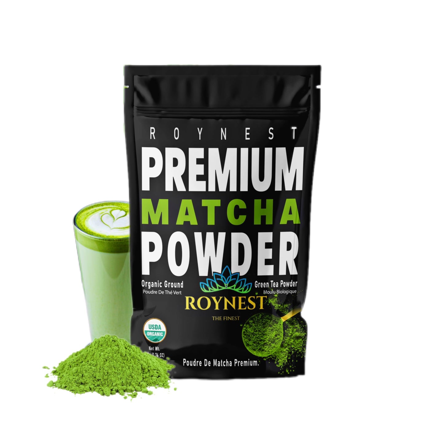 Roynest Japanese Matcha Powder - Non-GMO, Vegan, USDA Certified - 50g (1.76oz) - Green - 30 to 45 servings