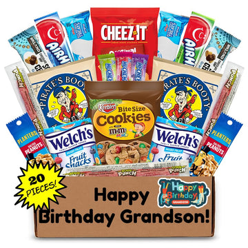Hangry Kit Birthday Snack Box For Your Grandson - (20 Count) Happy Birthday Gift Basket Care Package - Contains Birthday Snacks,