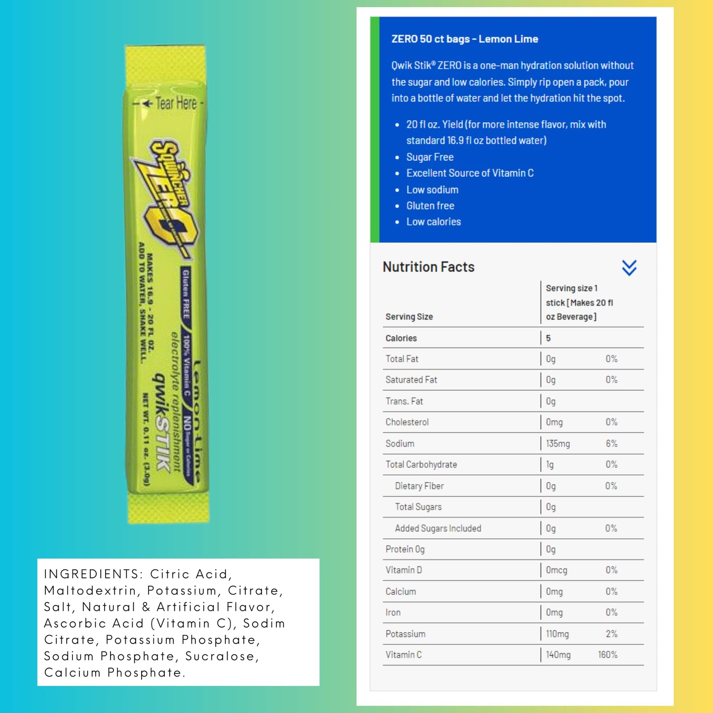 Sqwincher Zero Qwik Stik, Sugar Free, Low Calorie, Low Sodium Electrolyte Powder Hydration Drink Mix, Lemon Lime, .11 0Z Packet (Pack Of 50)