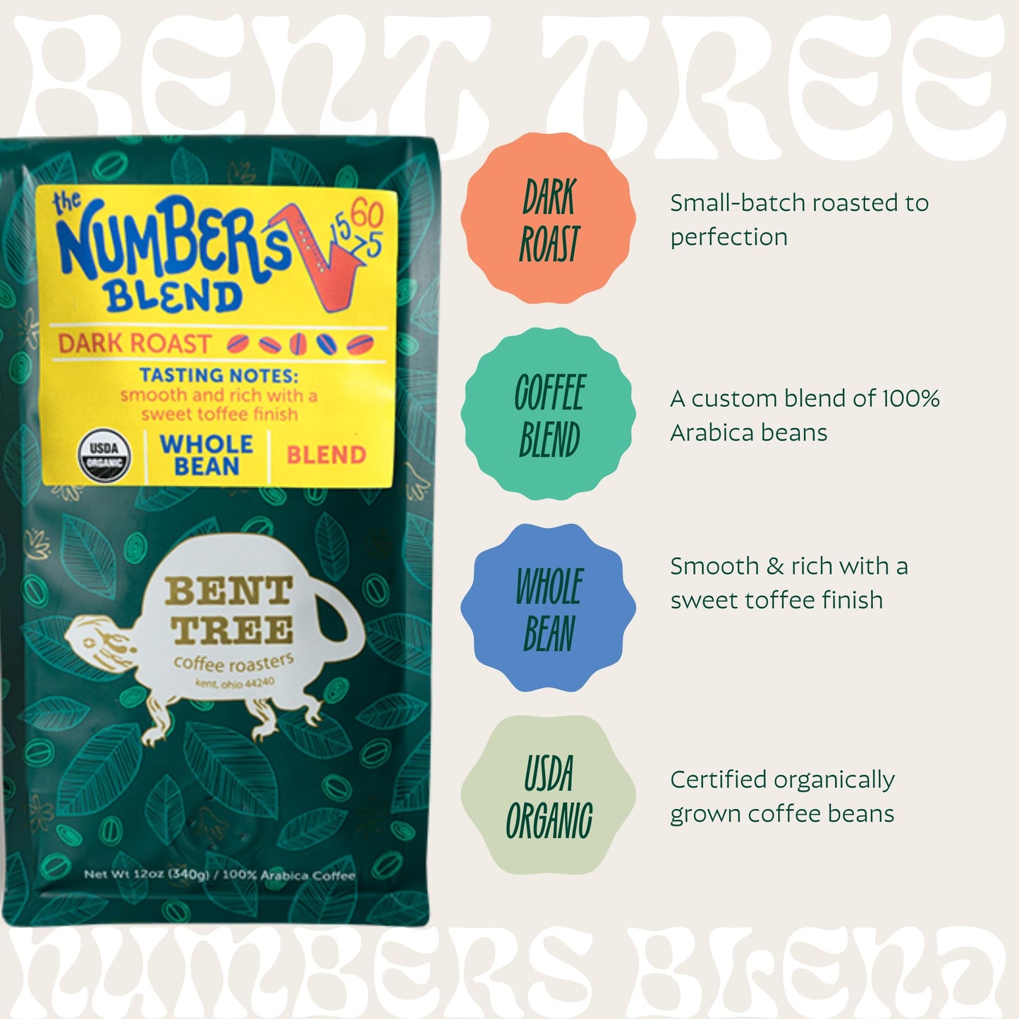 Bent Tree Coffee Roasters Organic Whole Bean Coffee, Dark Roast, Smooth & Rich, 12oz