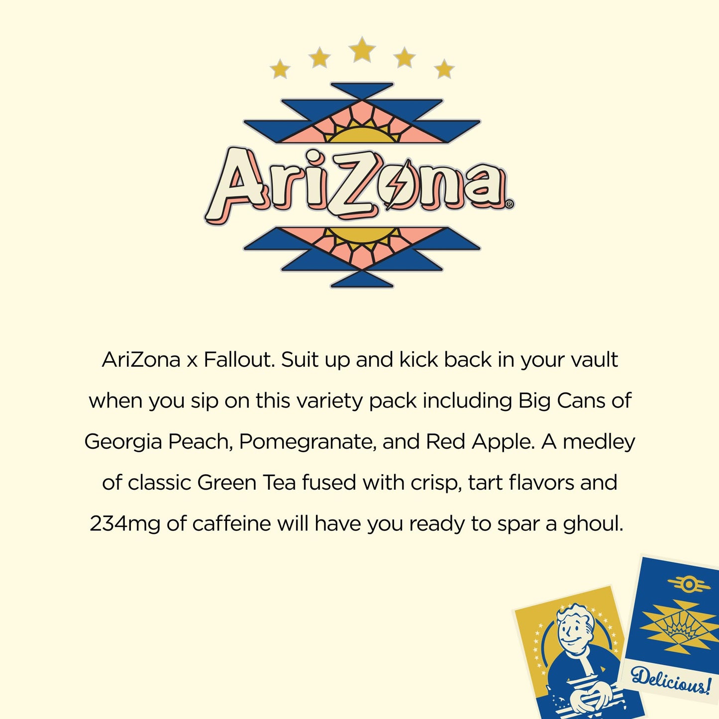 AriZona x Fallout Green Tea Energy Drink  12pk 22 fl oz  Variety Pack - 3 Flavors  Red Apple Green Tea  Georgia Peach Green Tea  Pomegranate Green Tea - 234mg Natural Caffeine per Can