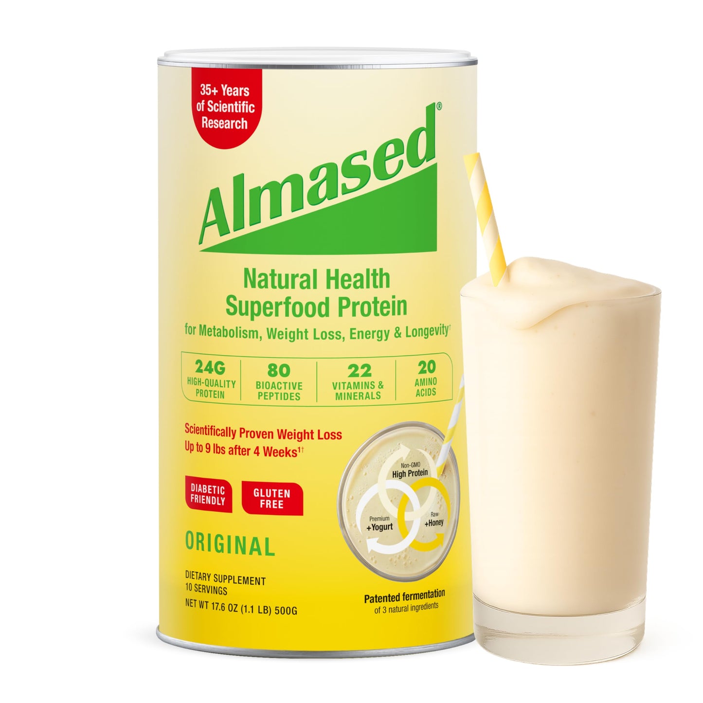 Almased Meal Replacement Shake - Low-Glycemic High Plant Base Protein Powder- Nutritional Weight Health Support Dietary Support - Oriflavor Blendal Flavor - 17.6 Oz