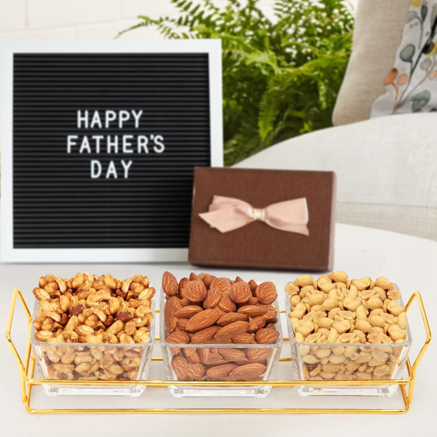 Nuts Gift Basket, Luxurious And Elegant 3 Sectional Premium Reusable Glass Tray, Perfect Fathers Day Gift Basket For Everyday Gi