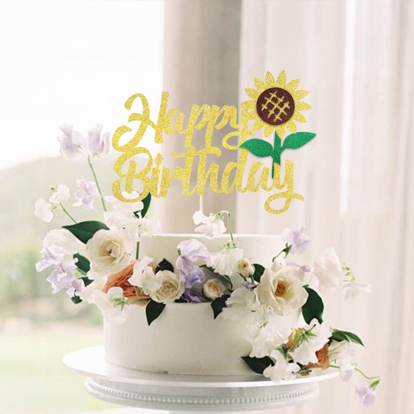 YCTHUNFISH Happy Birthday Cake Topper Glitter Sunflower Decoration for Kids Parties, Summer Baby Showers, 1 Pack