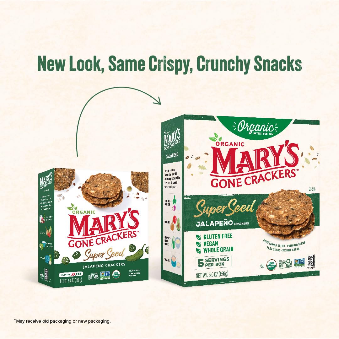 Marys Gone Crackers Super Seed Crackers, Organic Plant Based Protein, Gluten Free, Jalapeno, 5.5 Ounce (Pack Of 1)