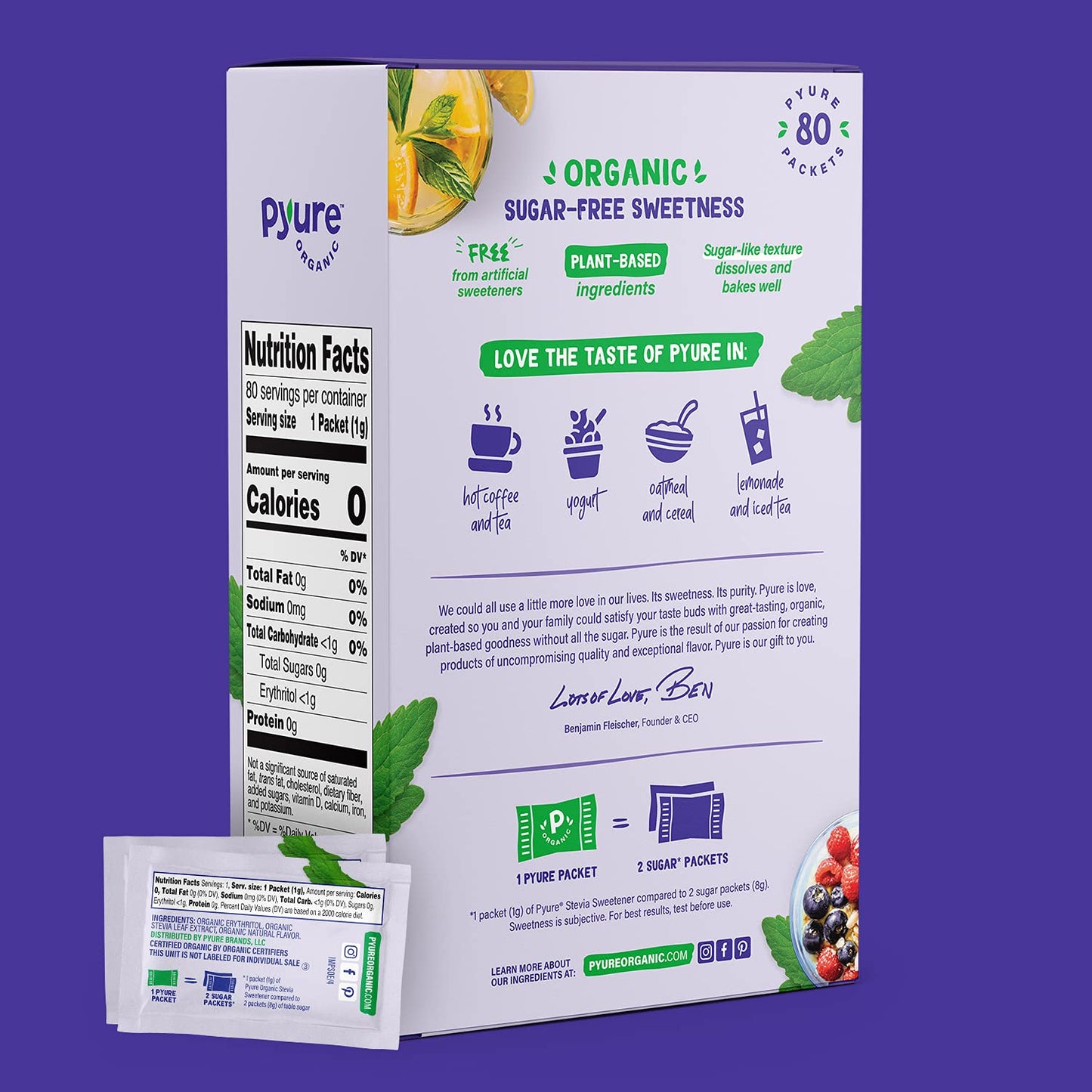 Pyure Organic Stevia Packets  Granulated Sugar Packets - White Sugar Substitute  Zero Carb, Zero Sugar, Zero Calorie Sweetener P