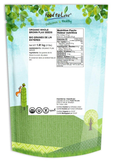 Food to Live Organic Brown Flax Seeds, Whole Raw, Non-GMO, Vegan, 4 Pounds