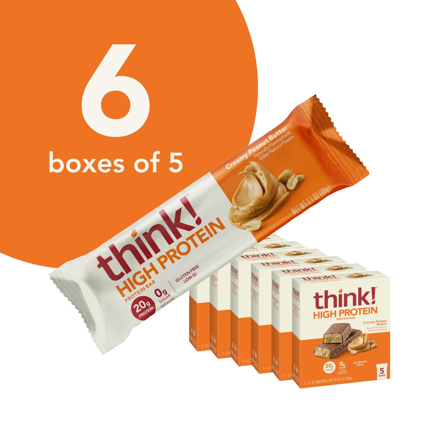 think! Protein Bars, High Protein Snacks, Gluten Free, Kosher Friendly, Creamy Peanut Butter, Nutrition Bars, 2.1 Oz per Bar, 30