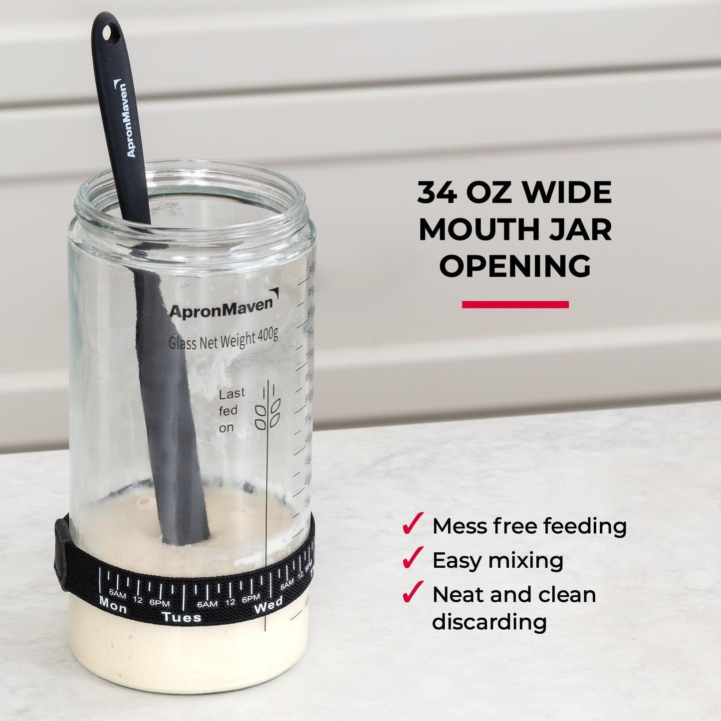 Apron Maven Sourdough Starter Kit - 34 oz Jar with Scale & Accessories - Clear, Model SDK34