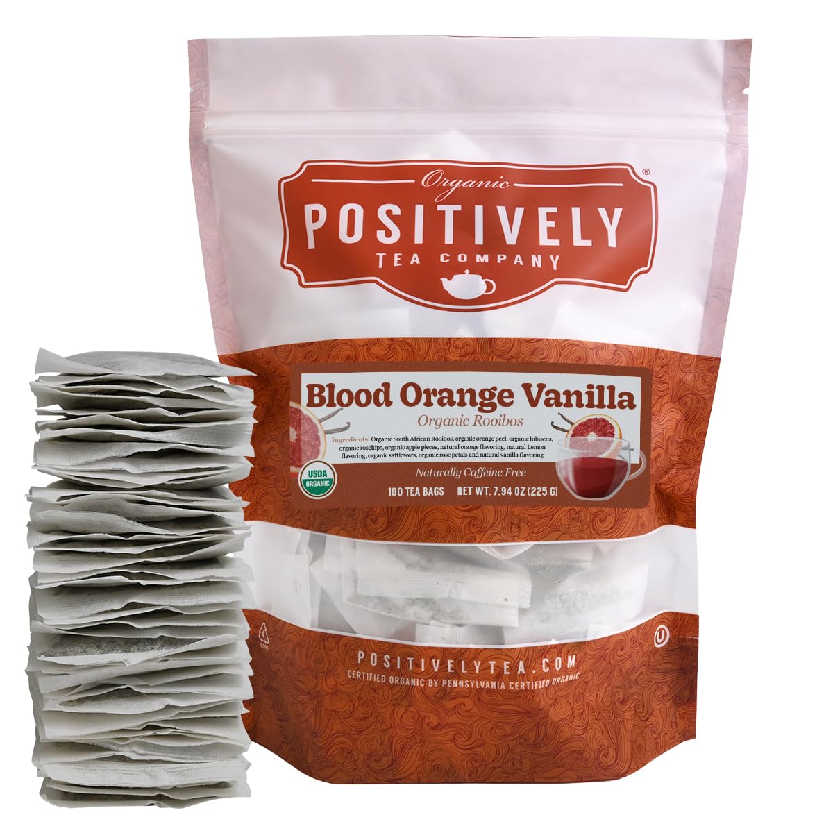 Organic Positively Tea Company Blood Orange Vanilla Rooibos Tea Bags, 100 Count, Eco-Friendly, Non-GMO
