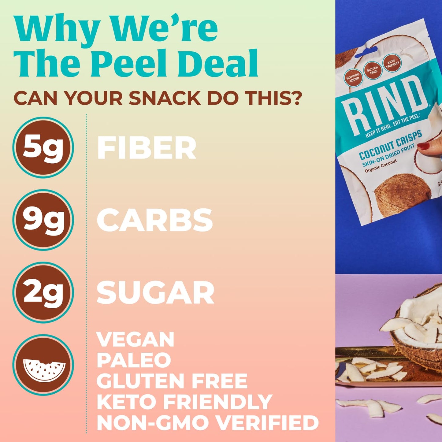 RIND Snacks Organic Coconut Crisps, Unsweetened, Low Carb, High Fiber, 3.5 oz, 3 Pack, Keto, Gluten Free, Vegan, Paleo