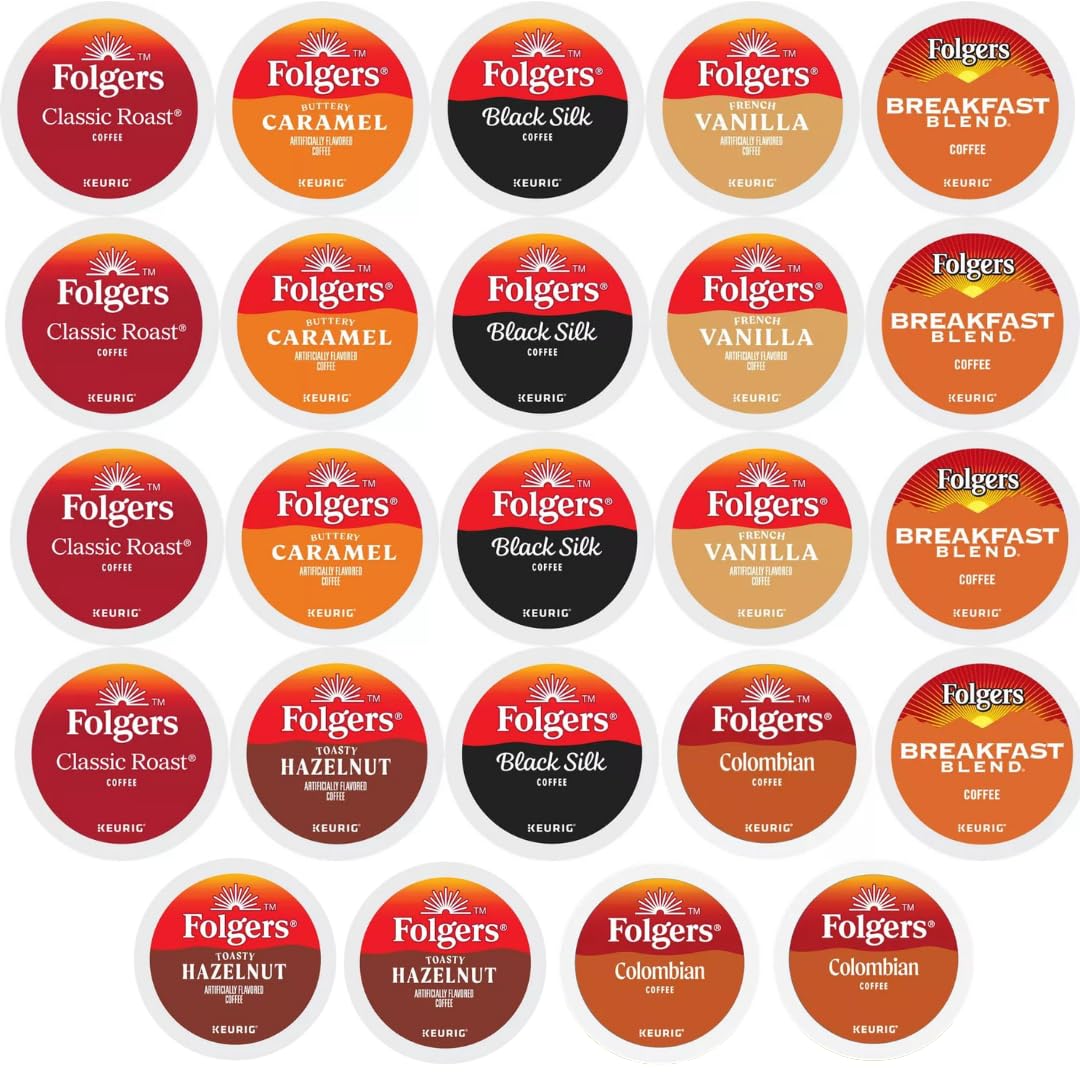 KUPIX Folgers K-Cups Coffee Pods Variety Sampler, 24 Count - Includes Classic Roast, Black Silk, Breakfast Blend, Hazelnut, and More