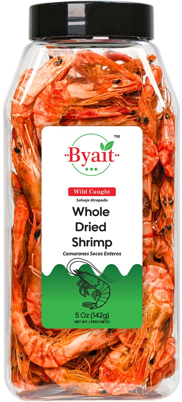 Byait Whole Dried Shrimp 5 Oz, Approx. 95 Pieces, Jumbo Dehydrated & Wild-Caught Shrimp for Snacks, Salads, Soups, Cooking & Ram