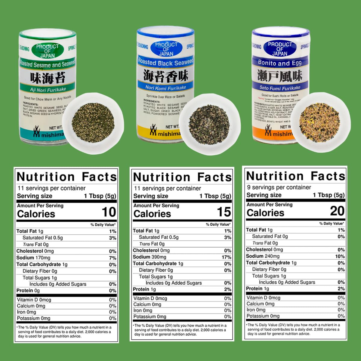 Japanese Furikake Seasoning, Nori Komi, Seto Fumi, Ajinori : Blend Of Seaweed, Dried Bonito, Roasted Sesame Seed, And Egg Flakes