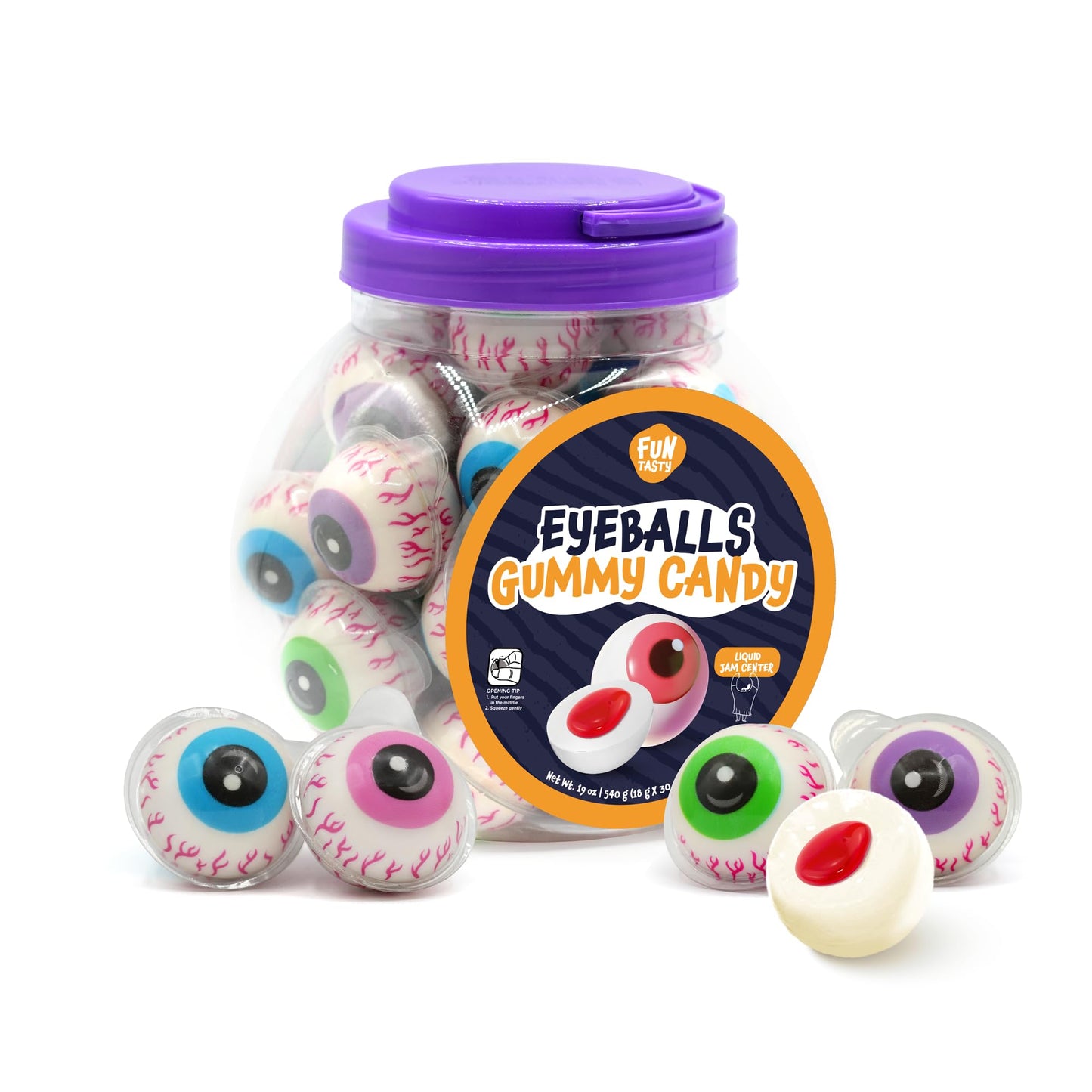 FUNTASTY Eyeballs Gummy Candy - Strawberry Jelly Filled Gummies - 19 Oz Jar - Individually Wrapped Halloween Candy