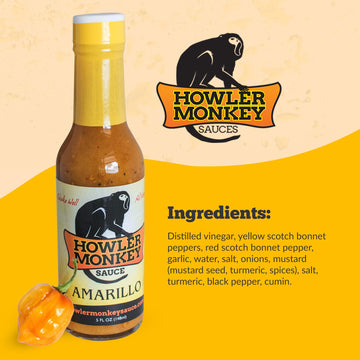 Howler Monkey Sauce Amarillo - Panama Style Hot Sauce - Gluten-Free, No Carbs, Low Sodium - No Thickeners, Preservatives, Or Add