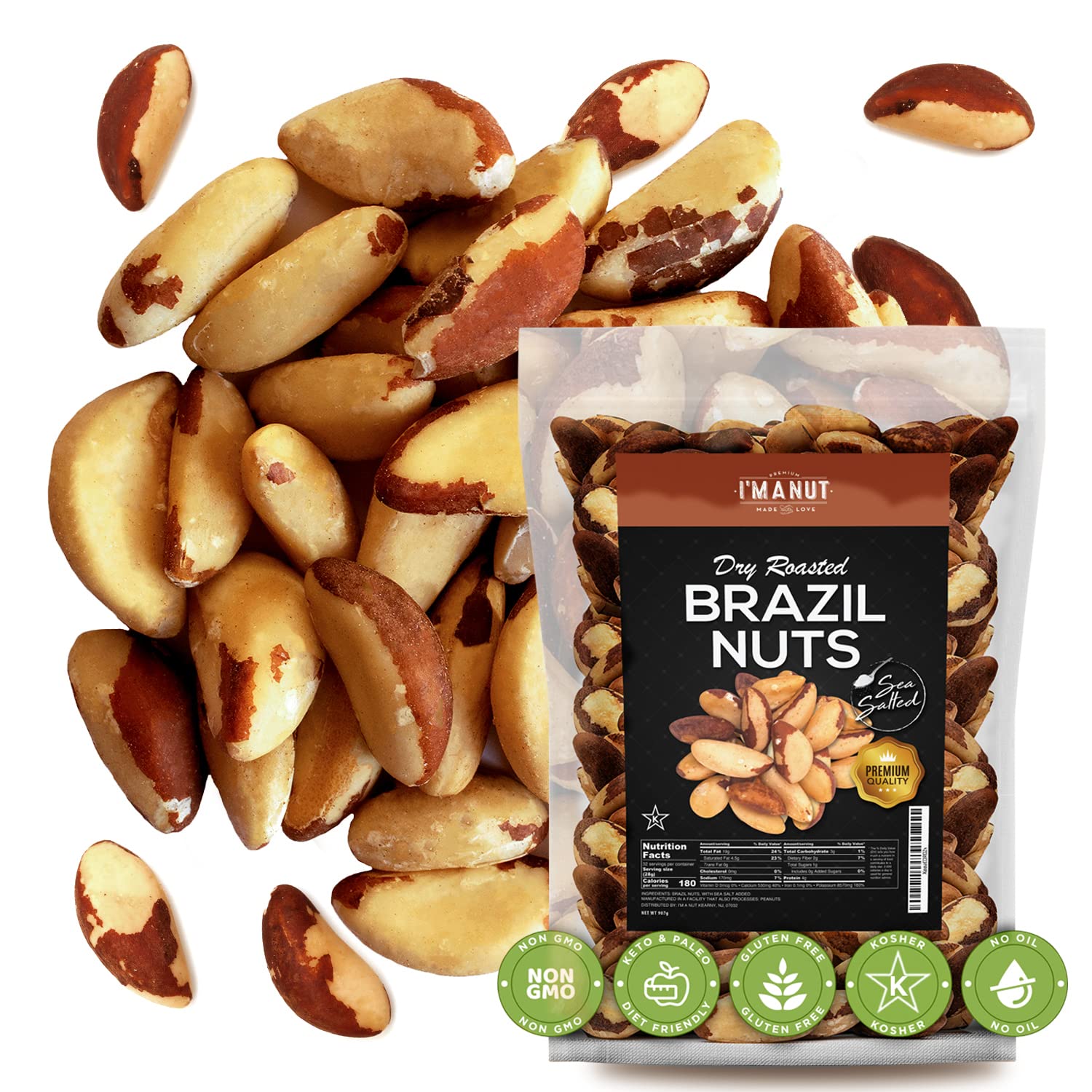 Top-Grade Wild Harvested Dry Roasted Brazil Nuts With Sea Salt  0.50 Lb (8 Oz) - High Selenium  Batch Tested Peanut & Gluten Free  Non-Gmo  Kosher  Resealable Bag