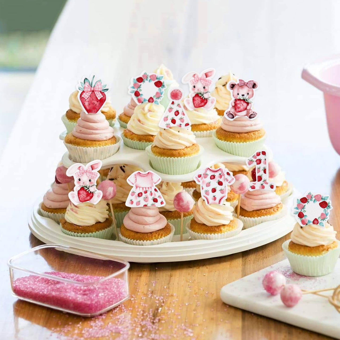 40 Pack Edible Strawberry Cupcake Toppers Strawberry One Bear Rabbit Bridal Engagement Baby Shower Birthday Party Drink Toppers