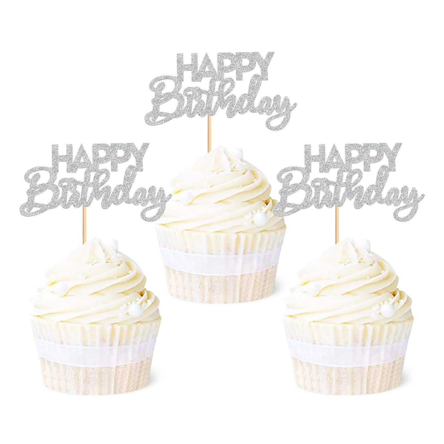 Ercadio 24 Pack Happy Birthday Cupcake Toppers Silver Glitter Assembled Birthday Cupcake Picks Birthday Cake Picks For Baby Show