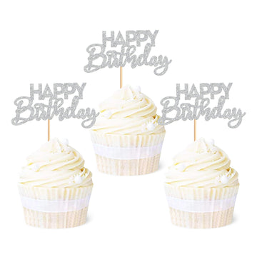 Ercadio 24 Pack Happy Birthday Cupcake Toppers Silver Glitter Assembled Birthday Cupcake Picks Birthday Cake Picks For Baby Show