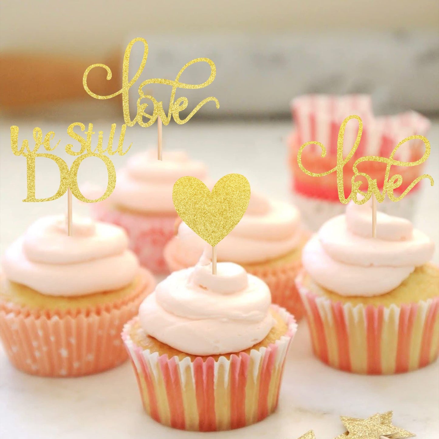 YCTHUNFISH Cupcake Toppers 24 Pack Gold Glitter Love Heart for Wedding Bridal Shower Birthday Cake Decorations