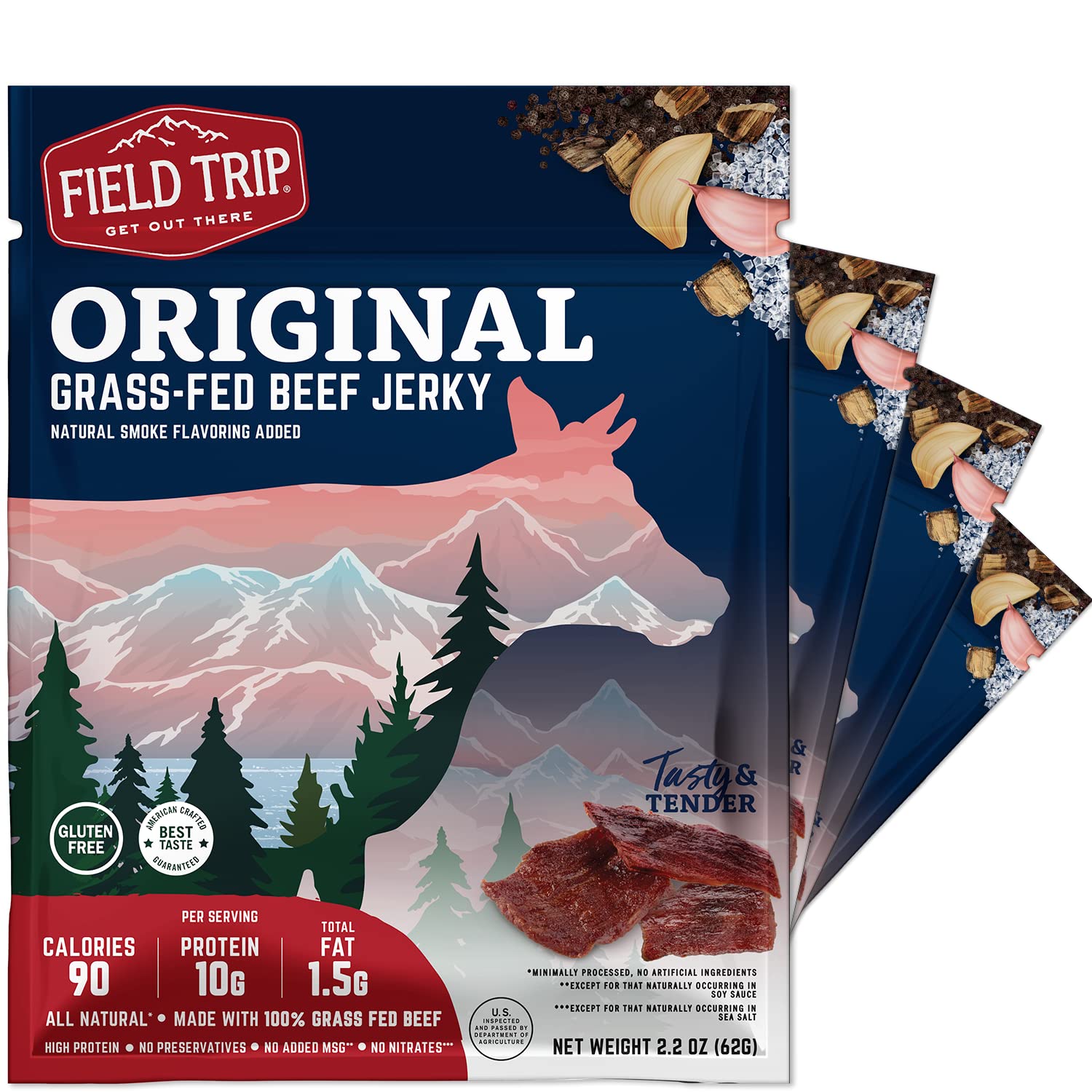 Field Trip Grass Fed Beef Jerky, Healthy Gluten Free Snacks, All Natural, High Protein Snack with No Nitrates, 2.2 Ounce Bag, 4 