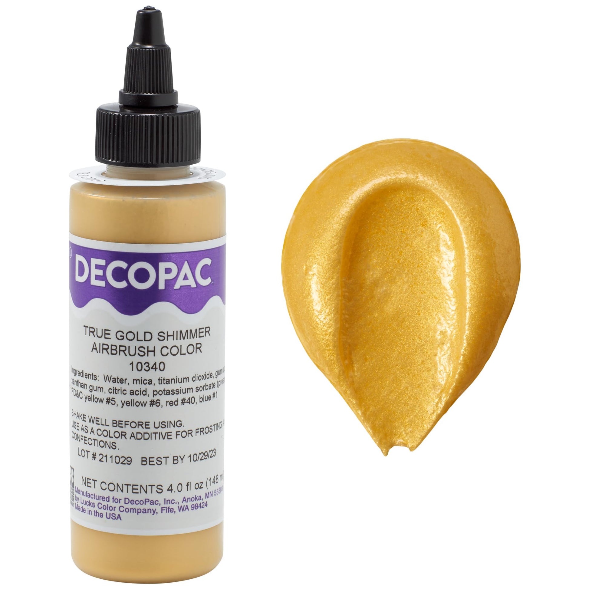 DecoPac Premium Airbrush Color, Edible Paint, True Gold Shimmer, 4oz, Model 10340