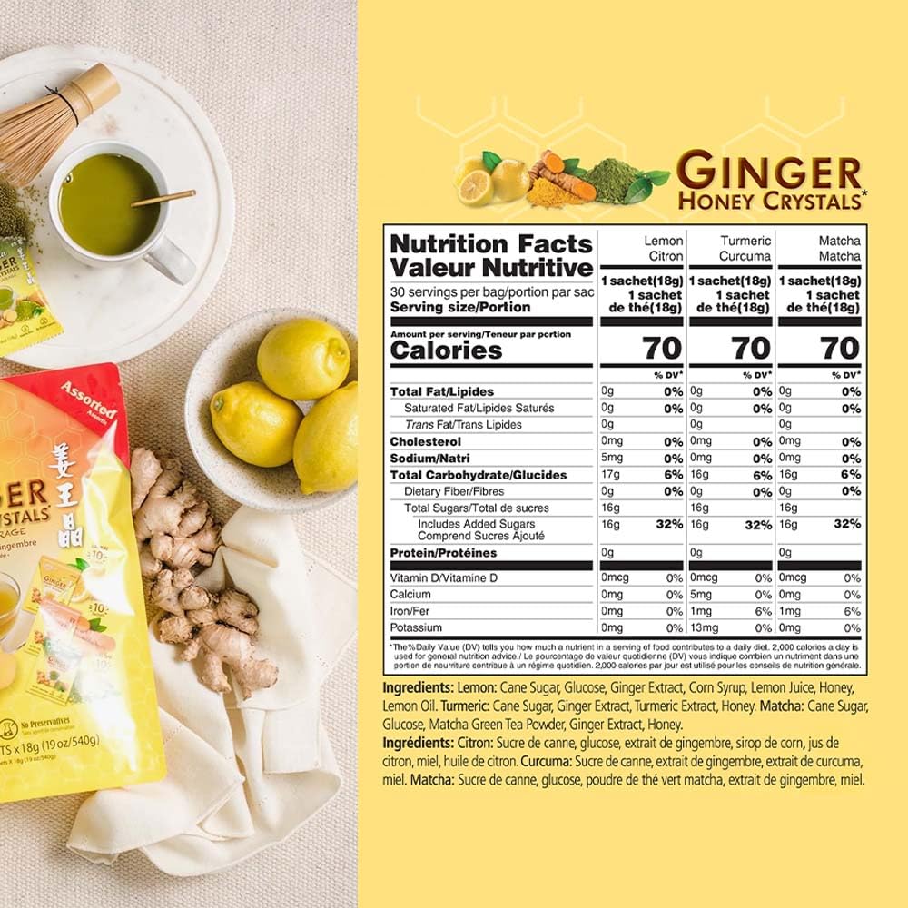 Prince Of Peace Instant Ginger Honey Crystals, Assorted Flavors, 30 Sachets, Easy to Brew, Gluten Free