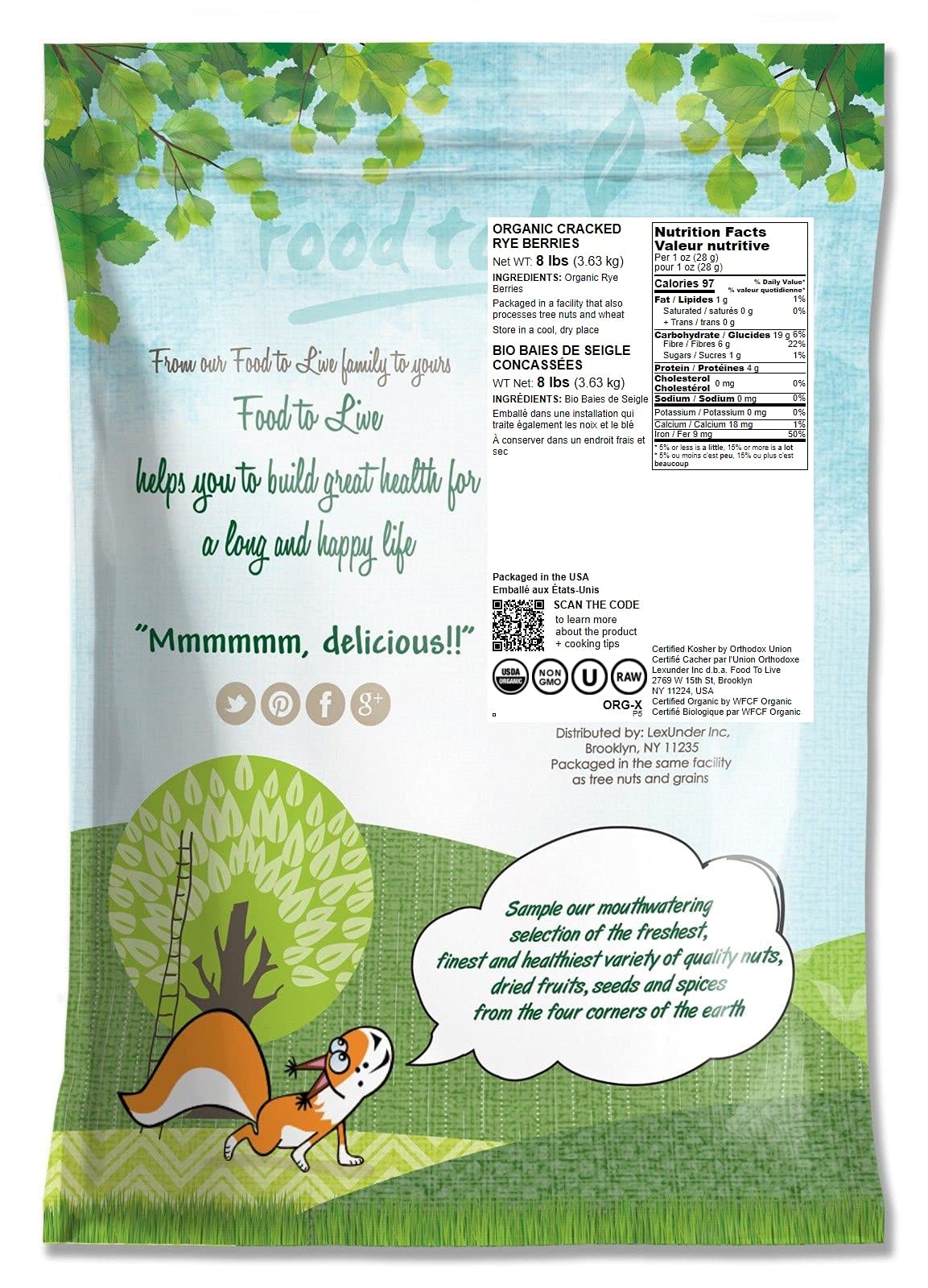 Food To Live Organic Cracked Rye Berries, 8 Pounds - Non-Gmo. Crushed & Sifted Groats. Raw, Vegan, Kosher, Bulk. Broken Whole Gr