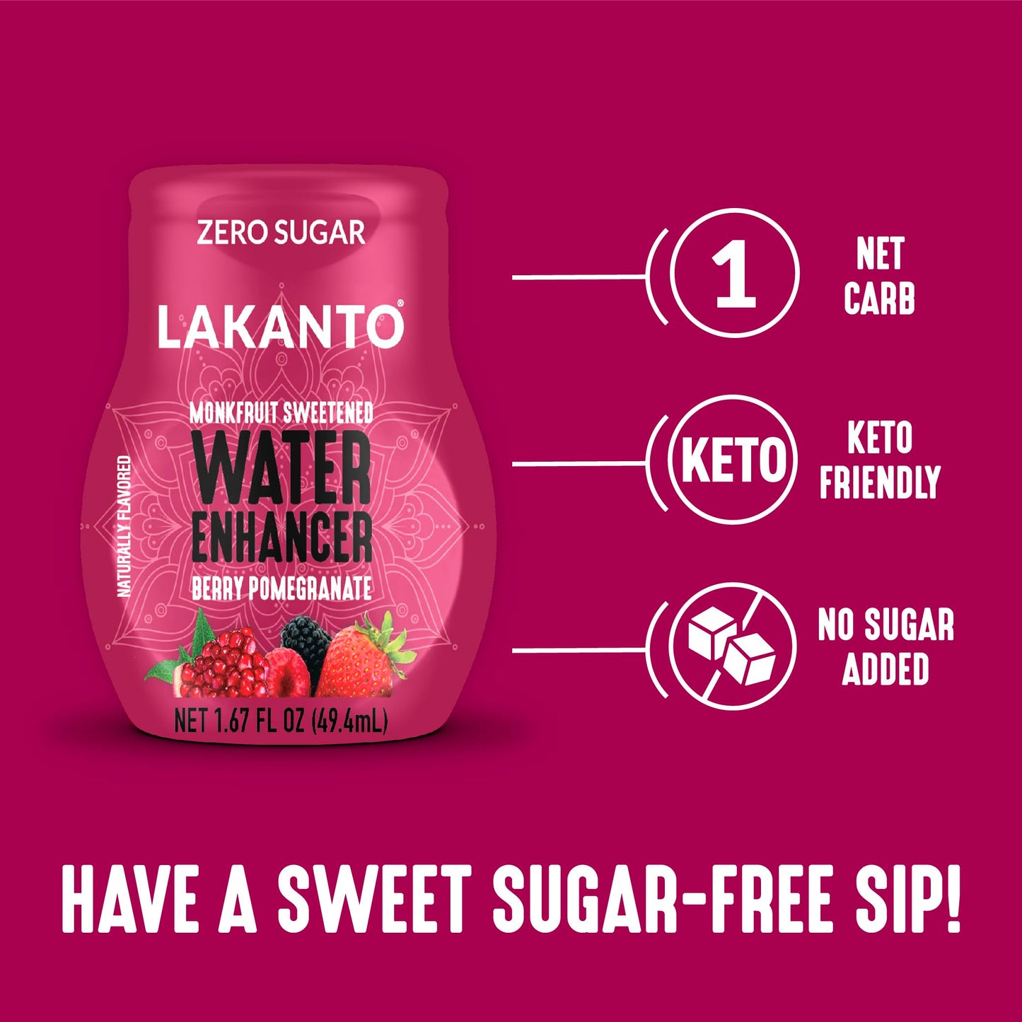 Lakanto Sugar Free Water Enhancer - Sweetened With Monk Fruit Sweetener And Erythritol, On The Go Liquid H2O Hydration, Zero Sugar, Naturally Flavored - Berry Pomegranate (1.67 Fl Oz - Pack Of 6)