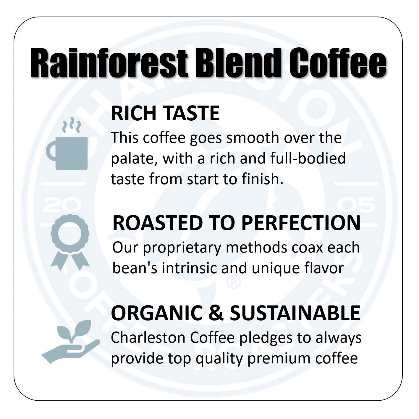 Charleston Coffee Roasters | Specialty Organic Whole Bean Coffee | Hand Picked, Premium Slow Roast | (Rainforest Blend, Dark Roast) 12Oz
