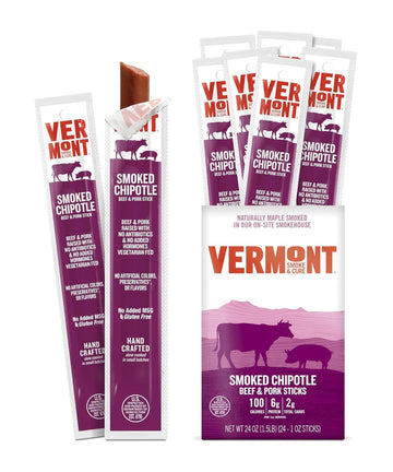 Vermont Smoke & Cure Snack Sticks, Smoked Chipotle, Beef & Pork Jerky, 1oz Stick, 24 Count Carton