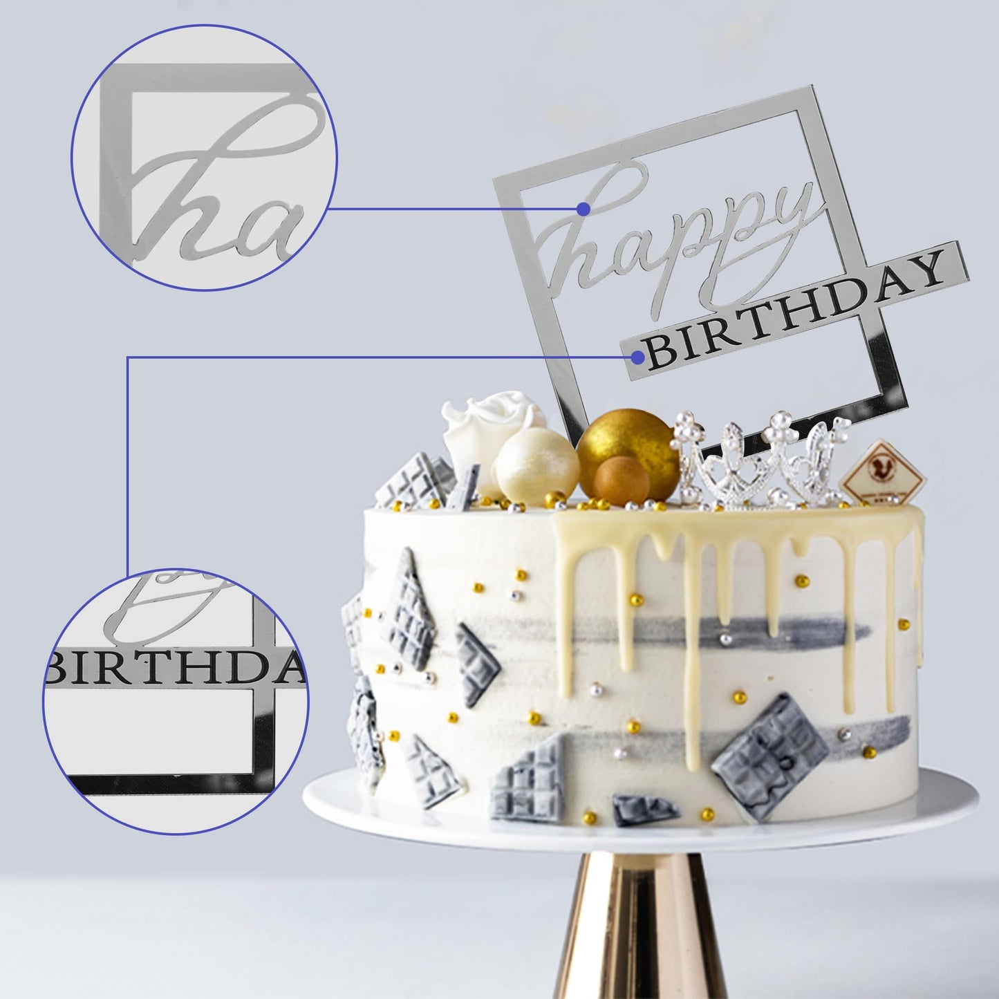 40 Pcs Happy Birthday Cake Toppers Mirror Acrylic Cake Topper Side Cake Decorations Cake Inserts Cake Decorating Supplies Cupcak