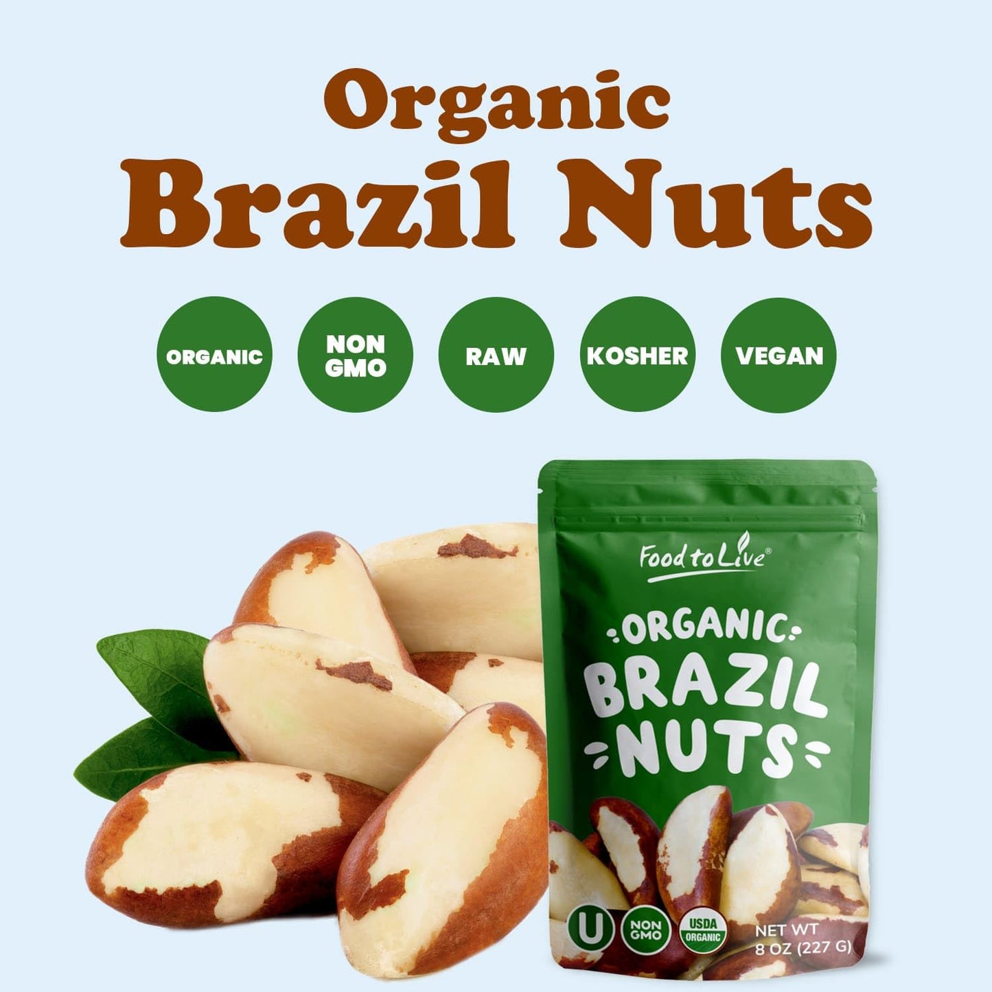 Food to Live Organic Brazil Nuts, Unsalted, Raw, Non-GMO, Vegan, 8 Pounds